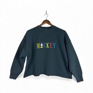 Vtg Disney Sweatshirt‎ Womens Plus 1X Black Crop Mickey Mouse Embroidered Fleece